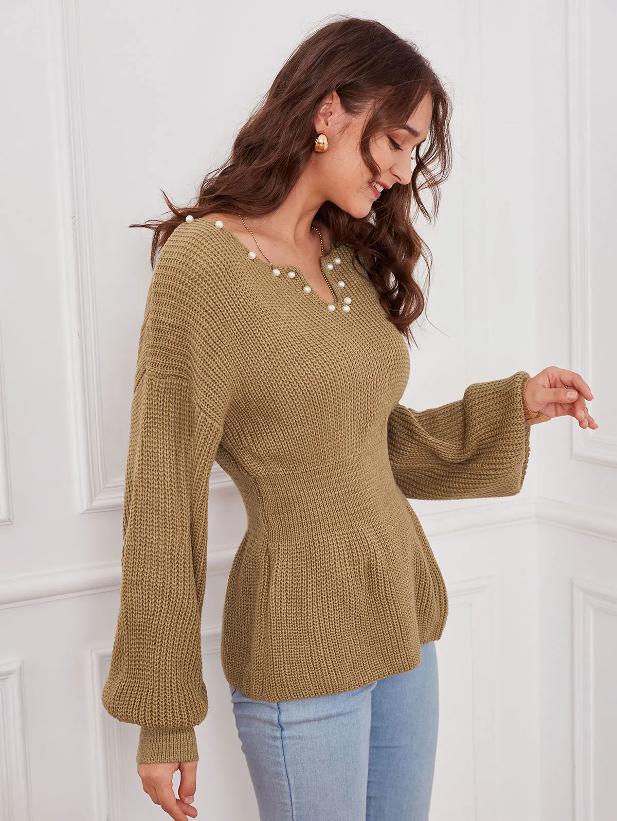 

ZAFUL Women Knitted Pullver Beading Drop Shoulder Smocked Sweater Autumn Winter U Neck Long Sleeve Jumper Fashion Tops Female