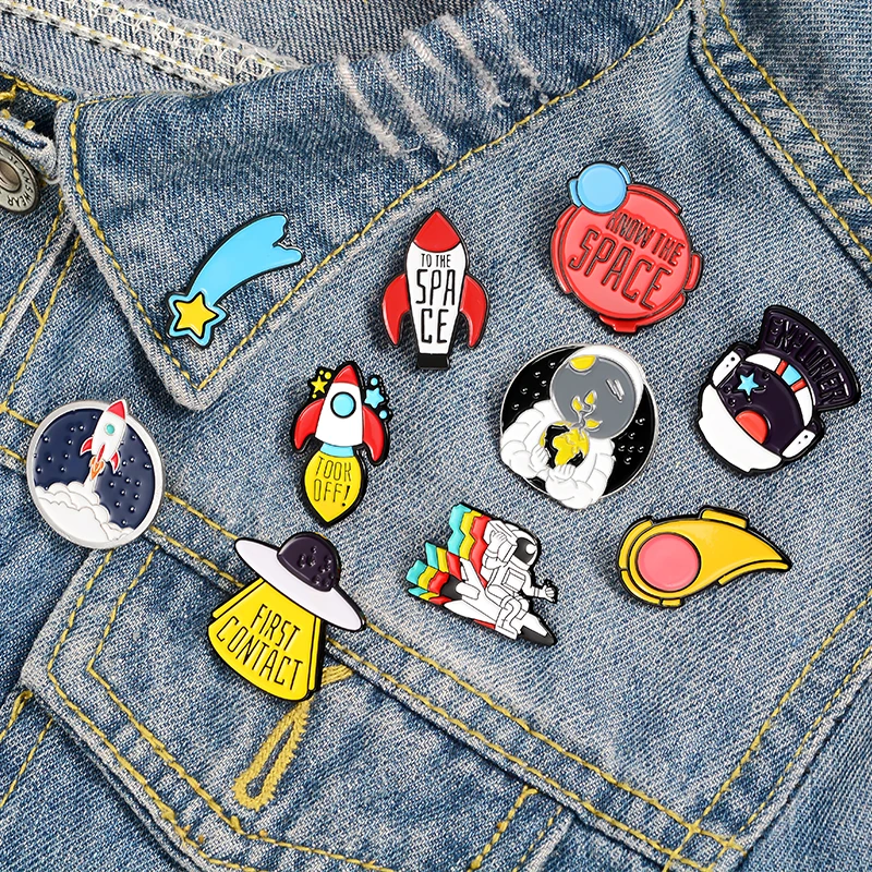 

11Styles Spacecraft Brooches Enamel Pin Cartoon UFO ET Rocket Star Planet Lapel Pin Clothes Bag Badge Cute Jewelry Gift For Kids