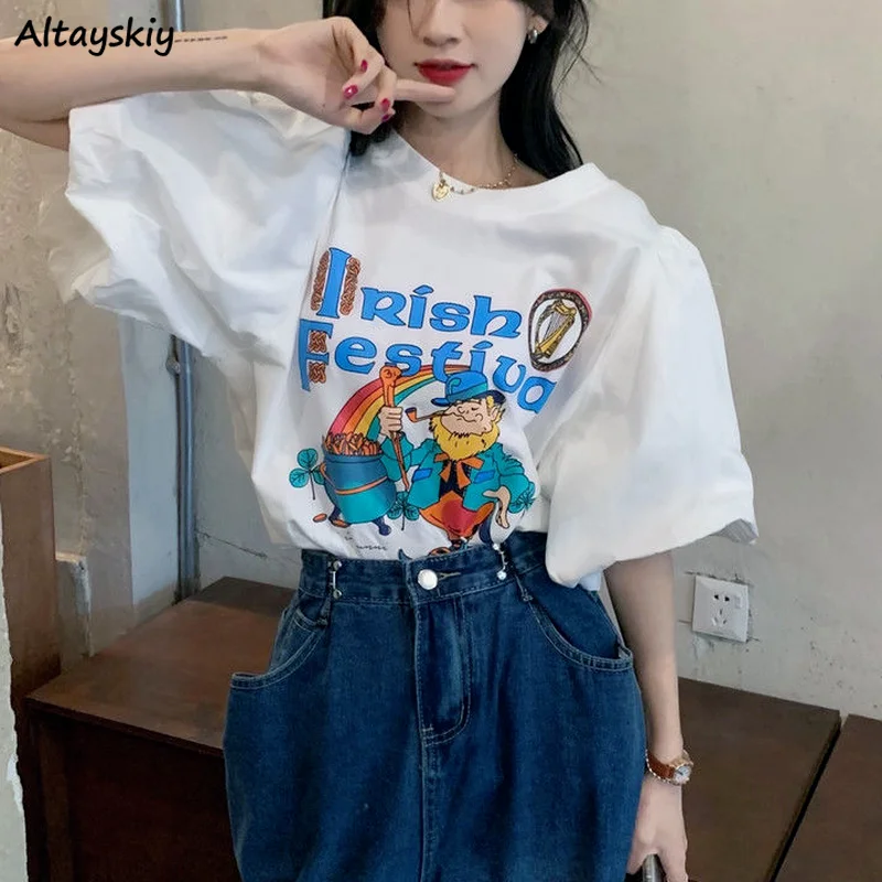 

White Puff Short Sleeve T-shirts Women Design Gentle Cartoon Printed Baggy Korean Style Fashion Pattern Tshirts Mujer Harajuku
