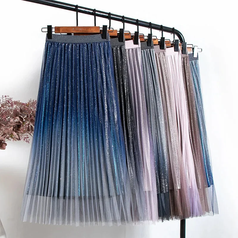 

Gradient Mesh Skirt Women's Spring 2022 Spring And Summer New Mid-Length Gauze Skirt High Waist Pleated Skirt Slim A-Line Skirt