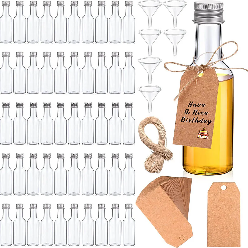 

100 Pcs 50ml Mini Plastic Liquor Bottles Set, Spirit Bottles Alcohol Shot Bottles with Caps,Kraft Tags with Ropes for Party