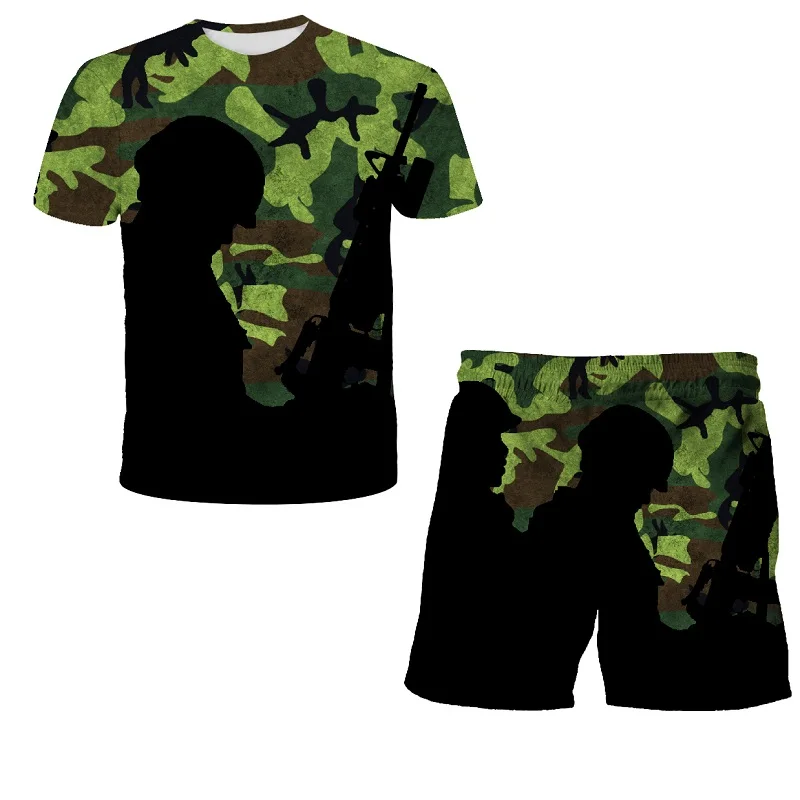 

2022 Popular Camouflage 4-12Y Boys Suit Military Print Clothes Girls 3D Anime Costume Children Summer Clothing Kids Tops Tshirt