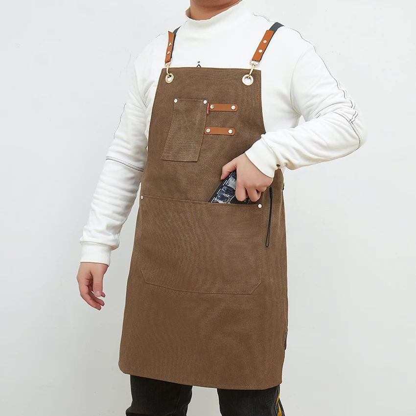 

New Canvas Chef Apron Waterdrop Resistant Cotton Canvas Cross Back Adjustable Apron for Men Women Cooking with Large Pockets