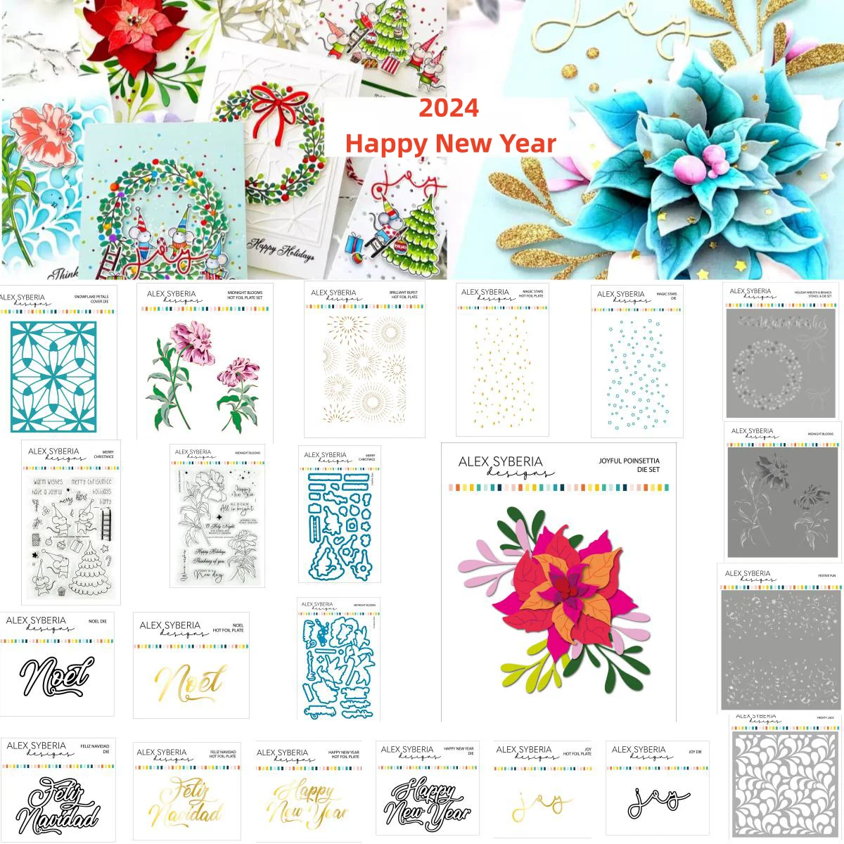 

2024 Happy New Year Flowers Animal Clear Stamp and Metal Cutting Dies Stencil Hot Foil for DIY Scrapbooking Crafts Card Die Cuts