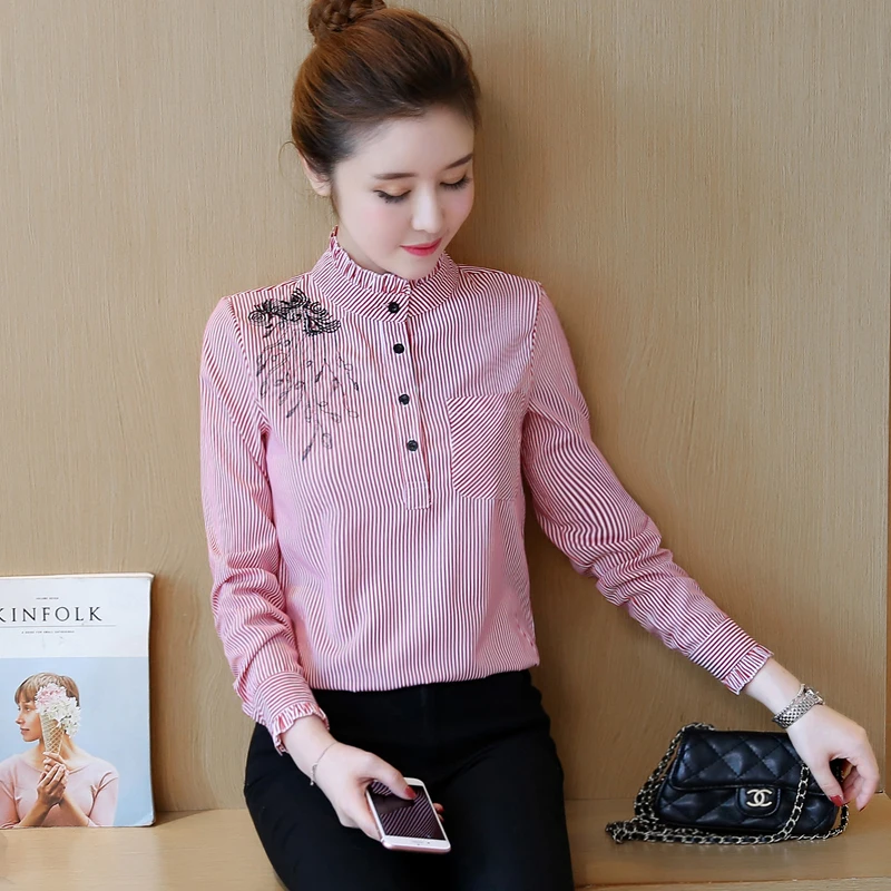 

Chiffon Women's Blouses New Fashion Embroidery Lotus Leaf Collar Autumn Casual Long Sleeve Top