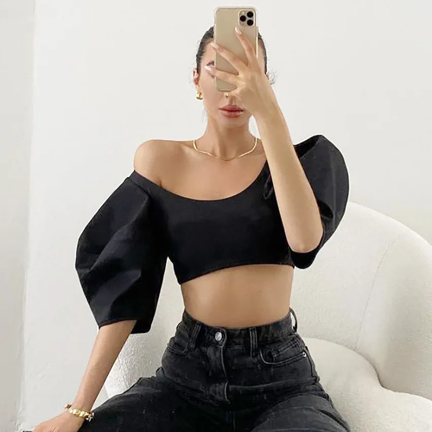 

2022 summer Short Solid lantern Sleeve Elegant Office Lady Cotton blouse women Slash neck women blouses tops