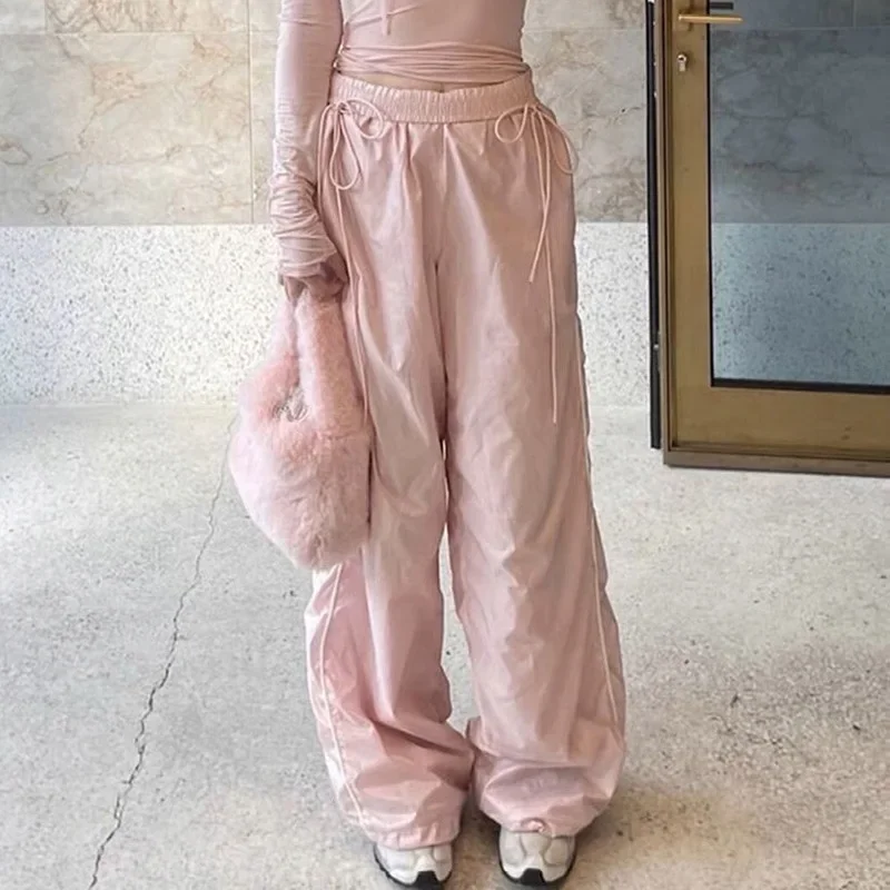 

Женские розовые тканевые брюки-карго Y2K, осенние свободные повседневные спортивные штаны на шнуровке с завышенной талией и широкими штанинами, 2023