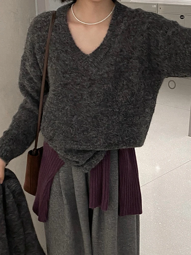 DEAT модный женский вязаный пуловер с v-образным вырезом свободный винно-красный