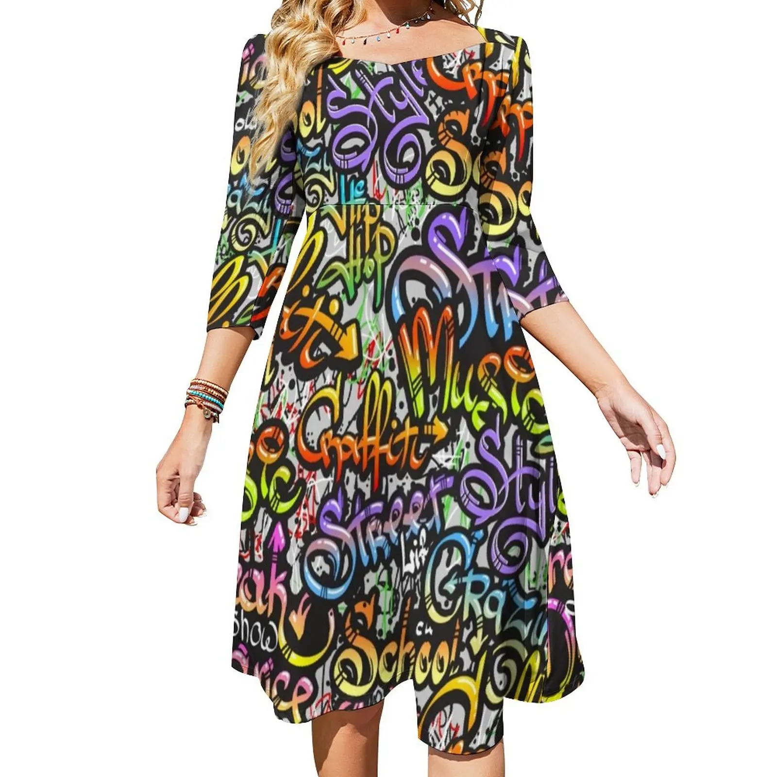 

Word Graffiti Street Art Casual Dress Womens Letter Print Stylish Dresses Trendy Dress With Bow Summer Big Size Vestido