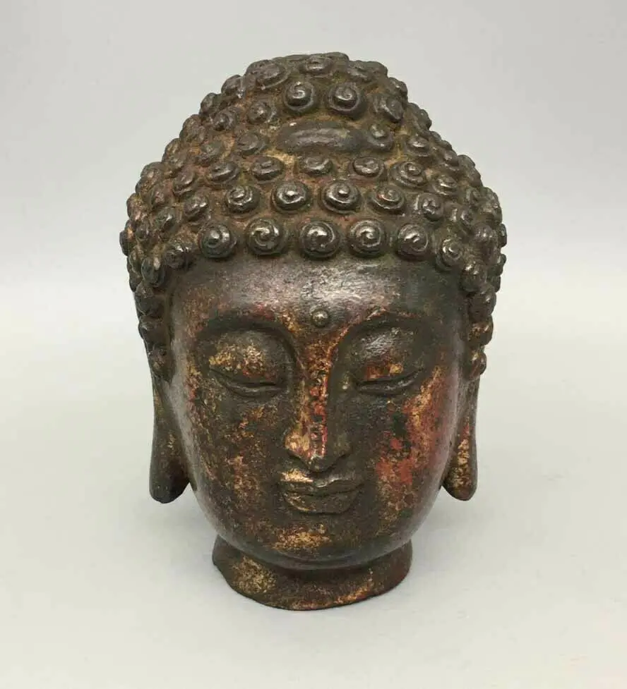 China Tibet Buddhism Bronze Mud Gold Small Buddha Head Statue