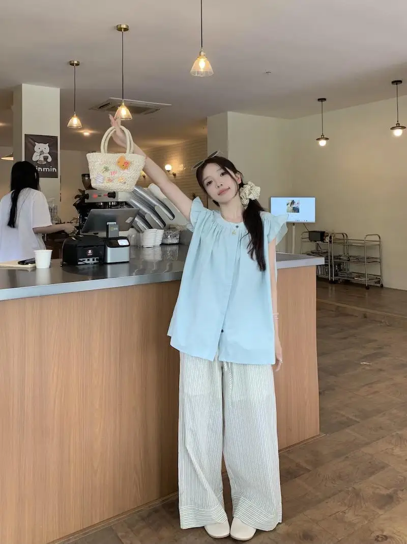 Милые женские рубашки с летающими рукавами свободные повседневные корейские