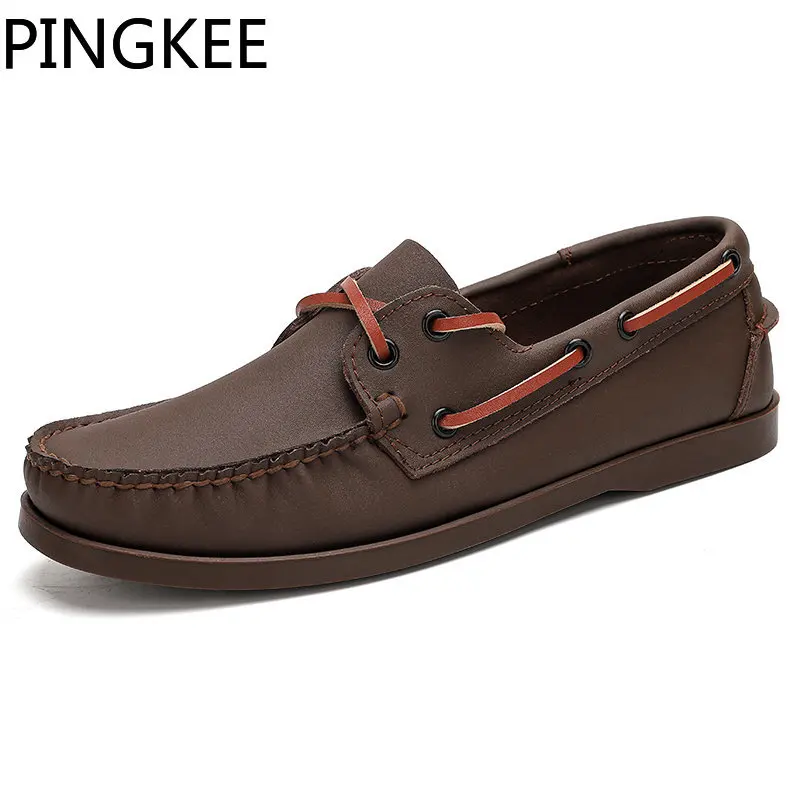 PINGKEE Chic Hand Sewn Leather Uppers Lace Up Closure Rawhide Lacing Loafers Rustproof Two Eyelets Rubber Outsole Men Boat Shoes