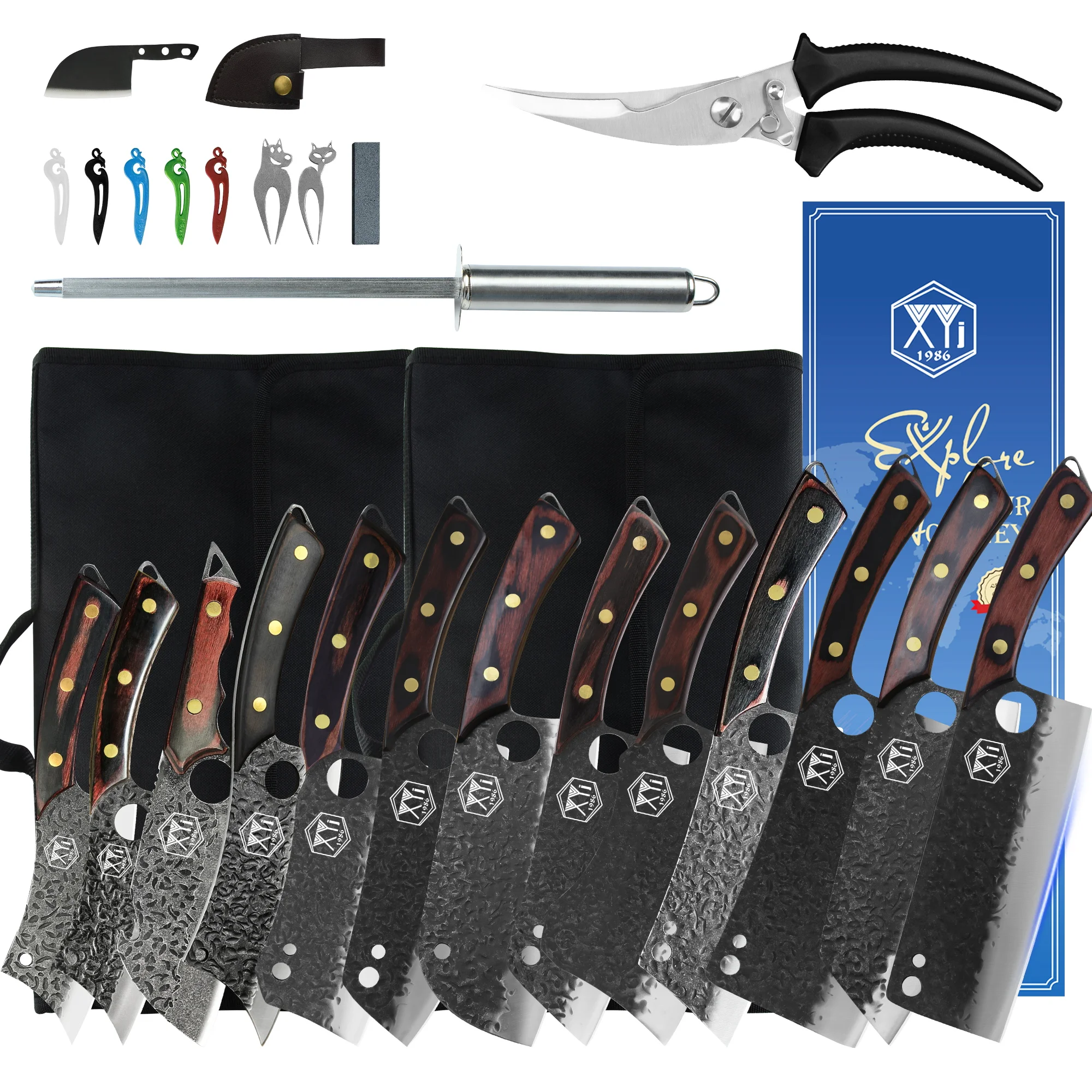 

XYJ Full Tang Cooking Knife Set 13pcs Finger Hole Stainless Steel Ultra Sharp Hammered Blade Knives With Roll Bag Poultry Shears