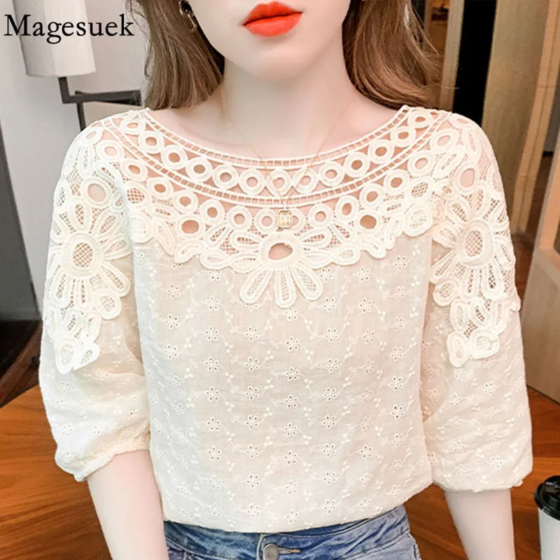 

Hollow Casual Short Sleeve Chic Blouse Women Loose Elegant Summer Lace Women's Shirts Solid Flowers Cotton O Neck Tops 21212