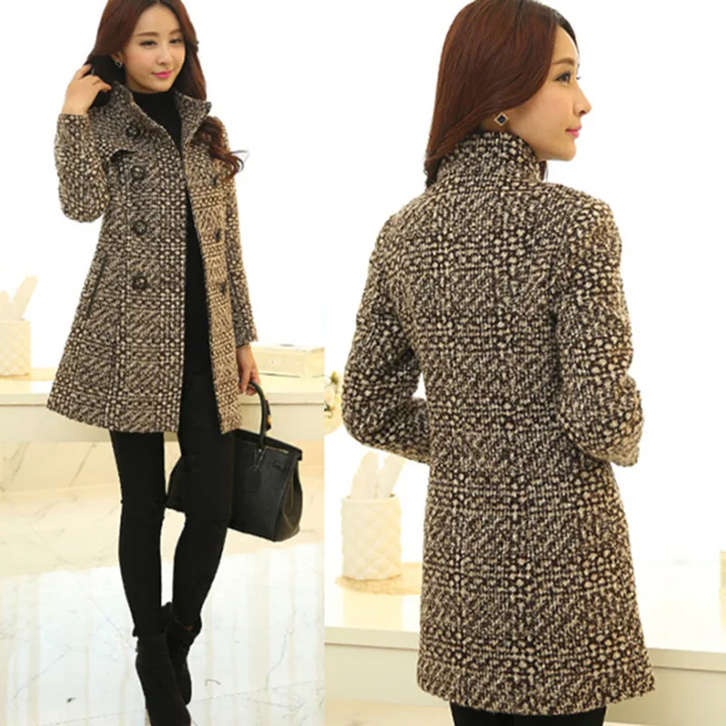 

New Autumn Fashion Women Long Tweed Wool Blends Coat Winter 2021 Elegant Mother Slim FemaleWoolen Turtleneck Plaid Outerwear