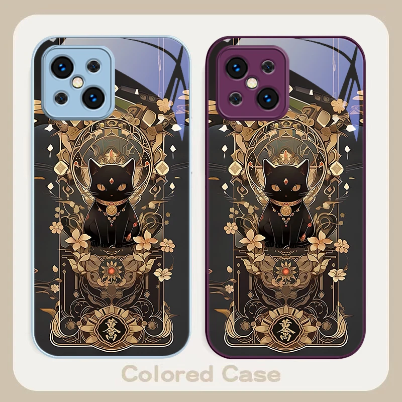 Lucky Black Cat Colorful For Find X5 X3 Lite Reno 6 4Z 5G OPPO A72 79 73 58 A54S OnePlus Nord N200 Tempered glass phone case