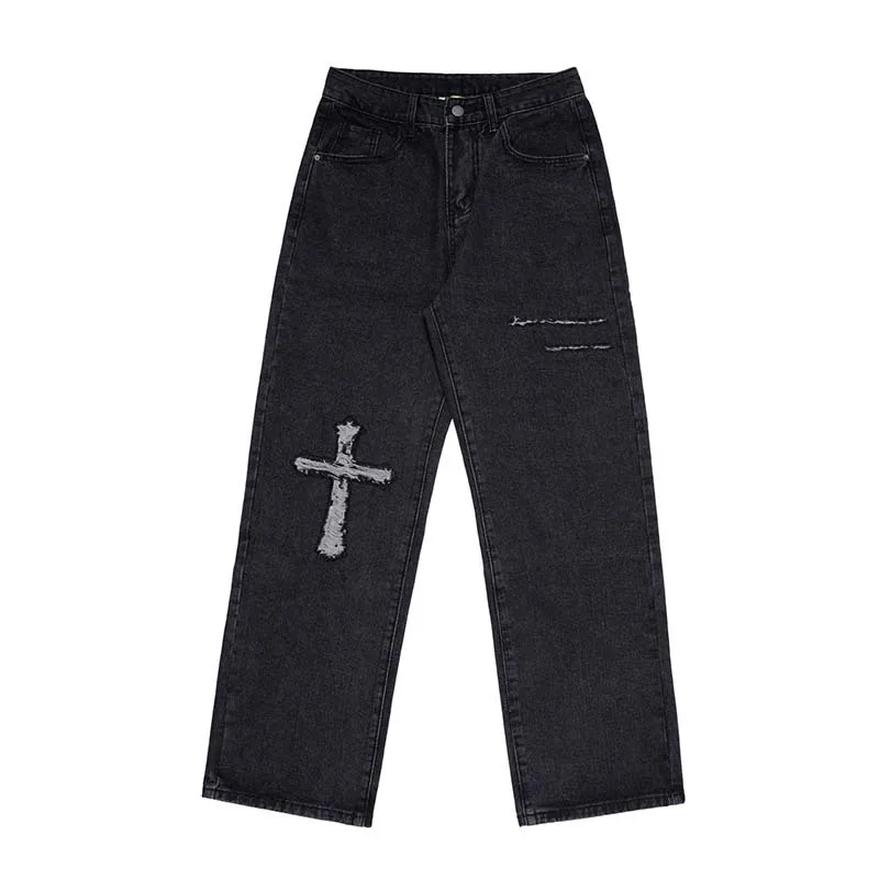 INS American High Street Washed And Worn Cross Skull Straight Jeans Men's Tide Brand Hip-Hop Punk Casual Trousers