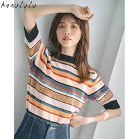 2022 spring and summer new products short colorful striped knitted cute knitted sweater women