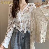 e girls cardigan women sun proof v neck hollow out leisure solid cropped sweater chic summer daily tender single breasted lady