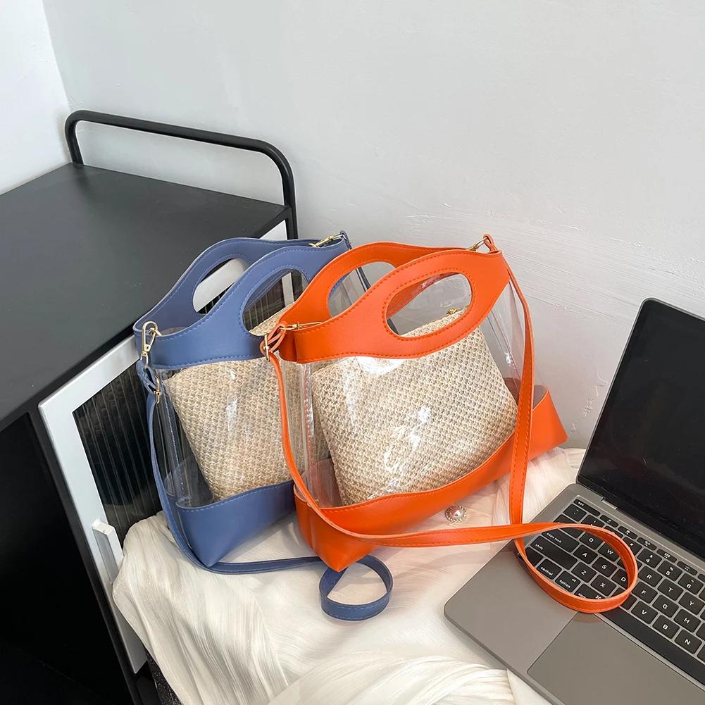 

Соломенная Прозрачная женская сумка через плечо из ПВХ, маленький прозрачный кошелек-желе из ПВХ для телефона и ключей, летняя сумка на плеч...