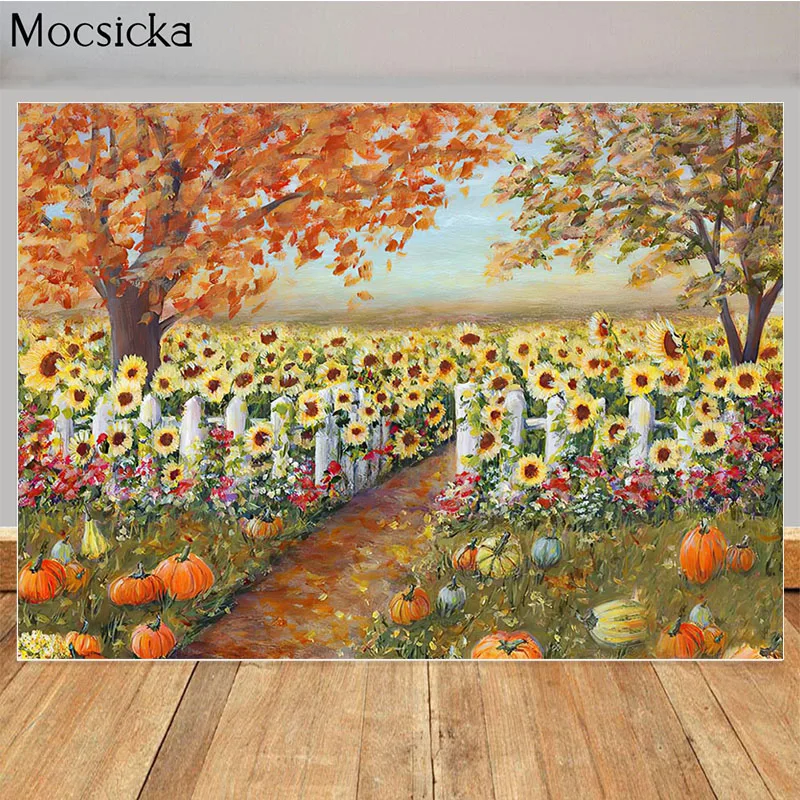 

Фон для студийной фотосъемки с изображением тыквы и подсолнухов