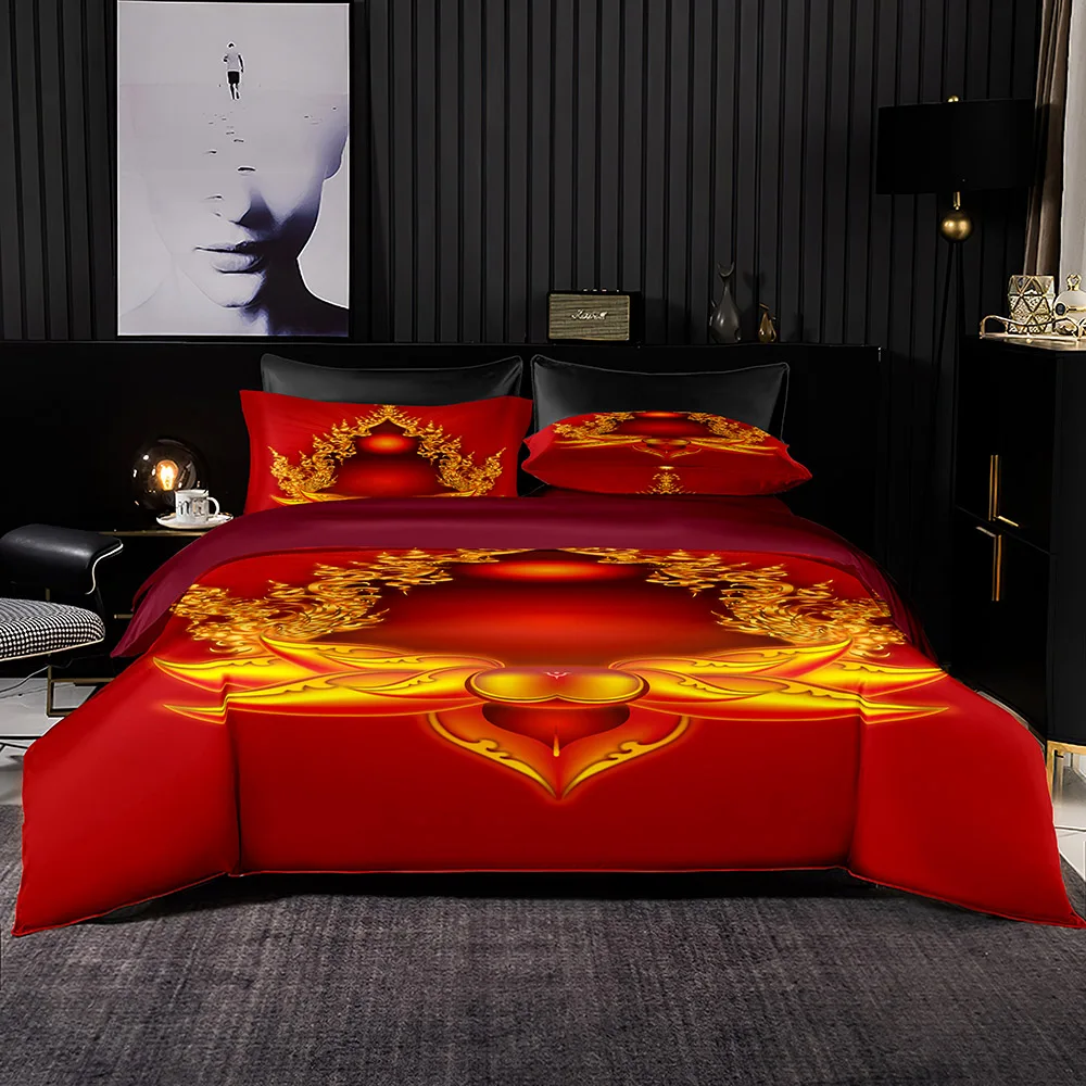 

Golden Wreath Print Bedding Set Quality Euro Duvet Cover Set Luxury Red Bedclothes 2/3pcs for King Queen Full Size Home Textile