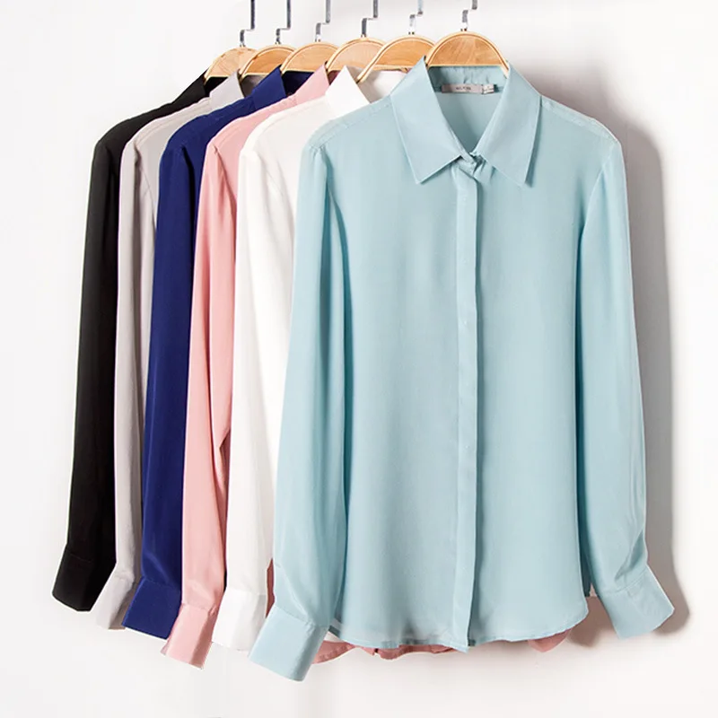 New 2022 Spring 100% Silk Blouse Top Women Natural Fiber High Quality Long Sleeve Pure Silk Shirt Office Lady Summer Clothing