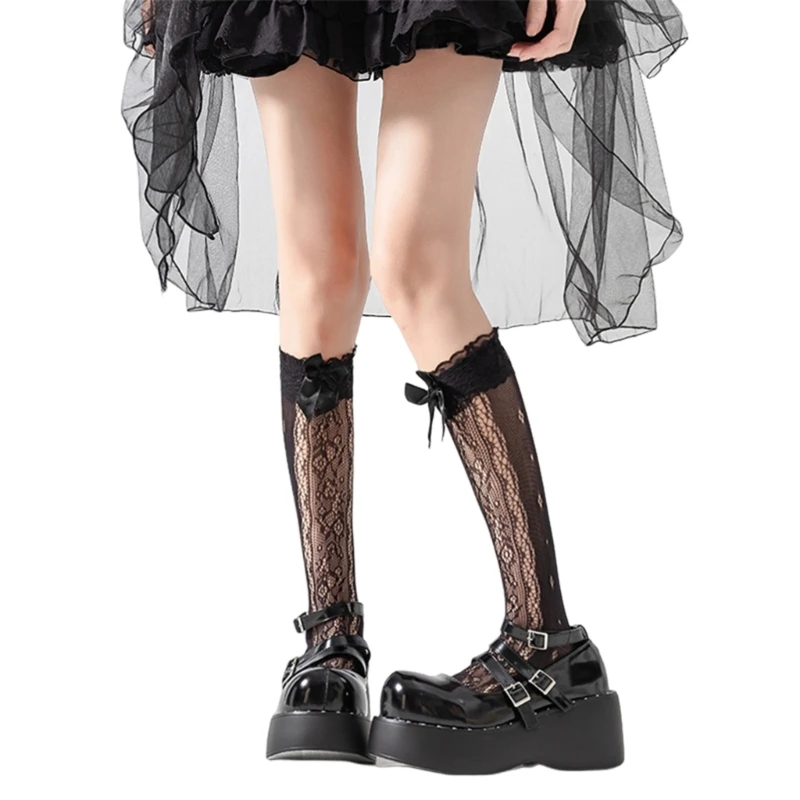 Женские кружевные гольфы с цветочным принтом носки до середины икры рюшами для