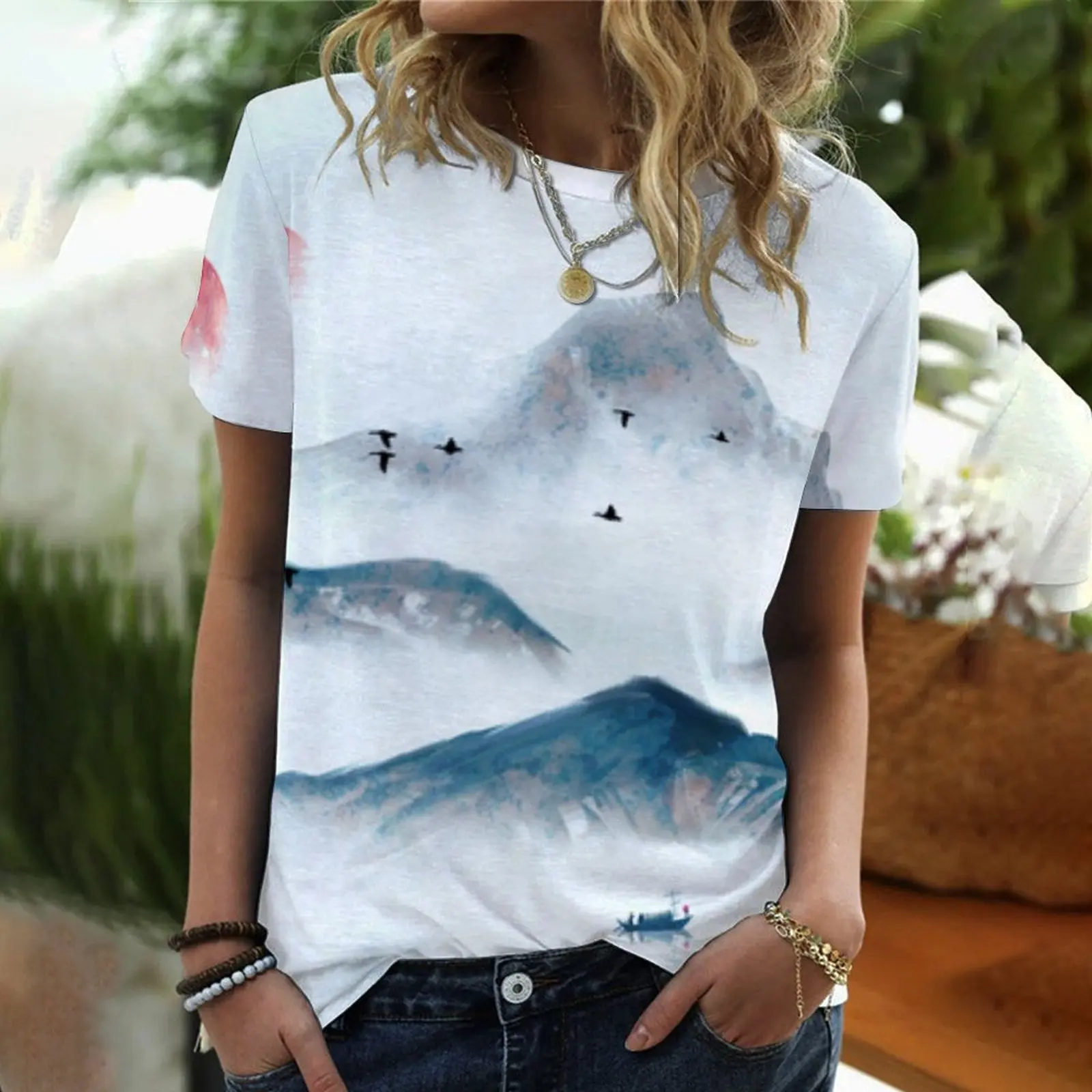 

2022NEW European and American summer landscape painting pattern printing round neck short-sleeved T-shirt women's clothing