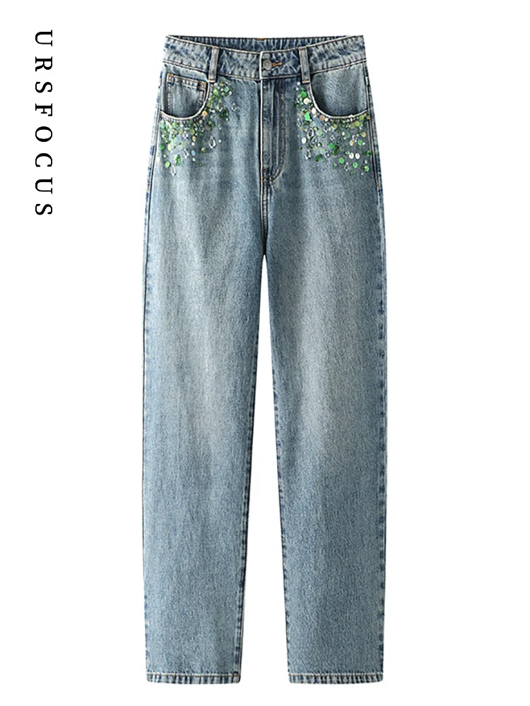 

Fashion Women's URSFOCUS Cotton Jeans High Waist Nail Bead Sequin Zip Fly Straight Full-length Denim Pants Autumn 2023 New 1GWW