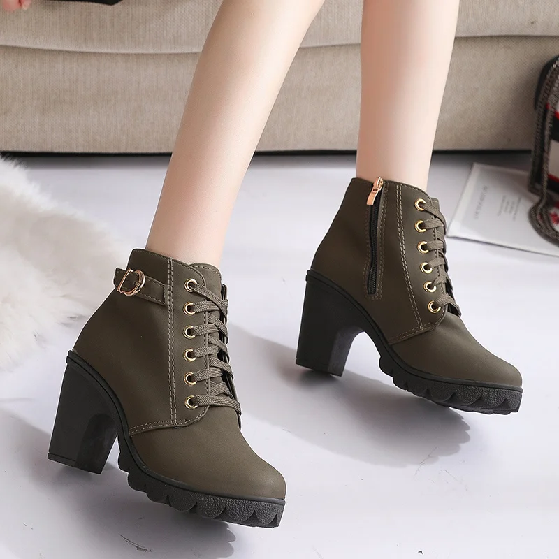 

Spring Winter Women's Boots 2022 Fashion Lace-up European Ladies Shoes PU Grace High Heels and Boots Green Retro Boots Female