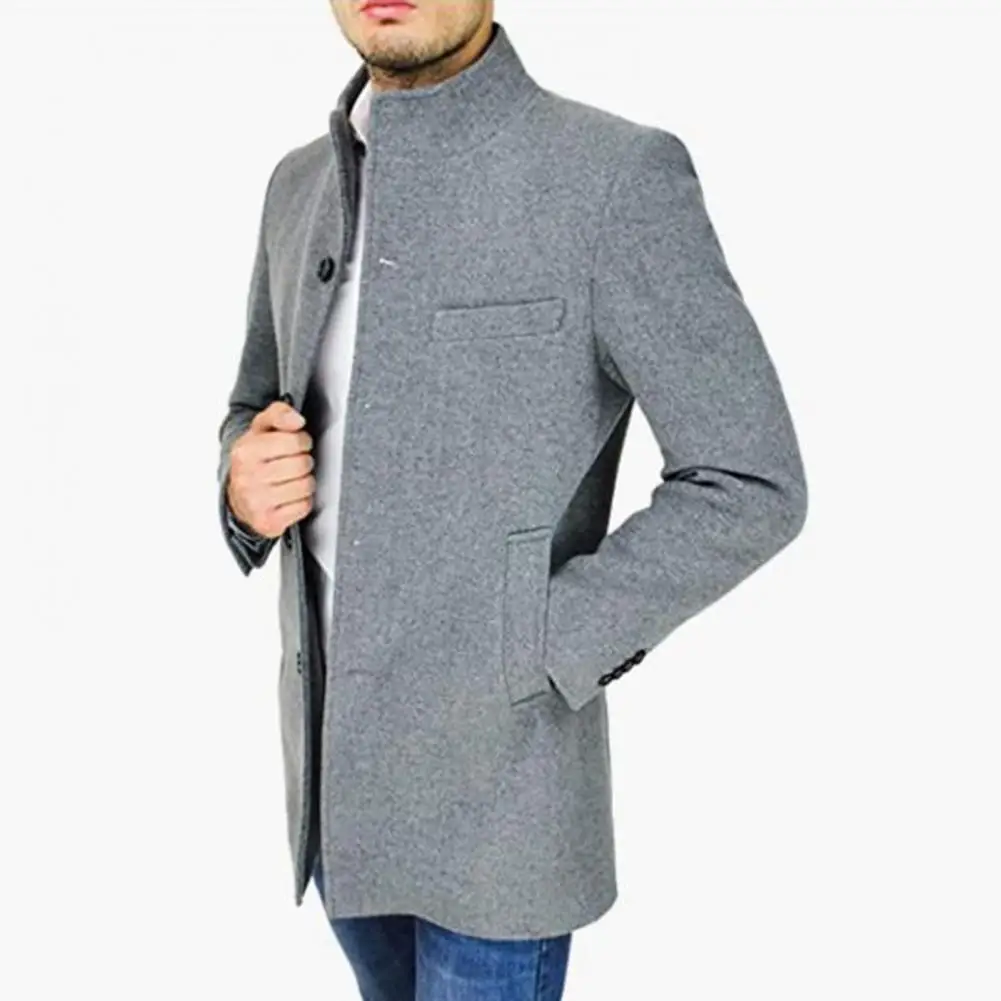 

Женское однотонное пальто, ветровка средней длины, верхняя одежда для мужчин с воротником-стойкой, однобортное стильное шерстяное пальто с карманами