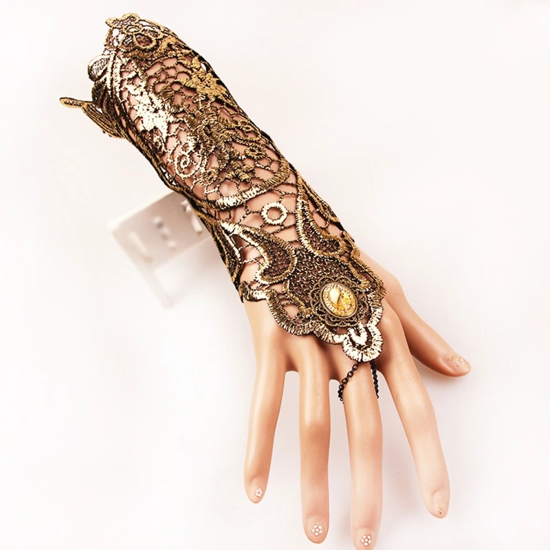 

E9LC Fingerless Glove Beautiful Finger Ring Lace Gloves Gold Gloves for Anniversary