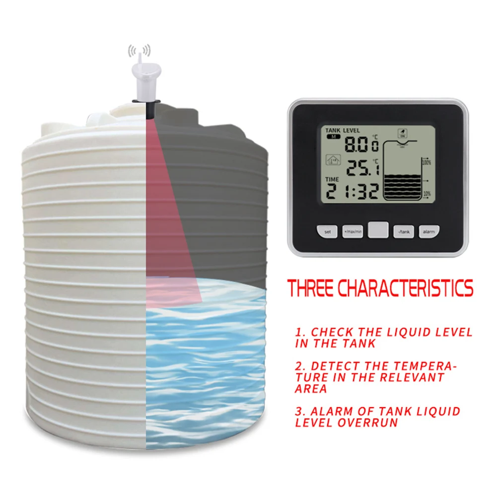 

Ultrasonic Water Tank Level Meter Sensor w/Temperature Display Time Alarm Transmitter Receiver Liquid Depth Measuring Tools