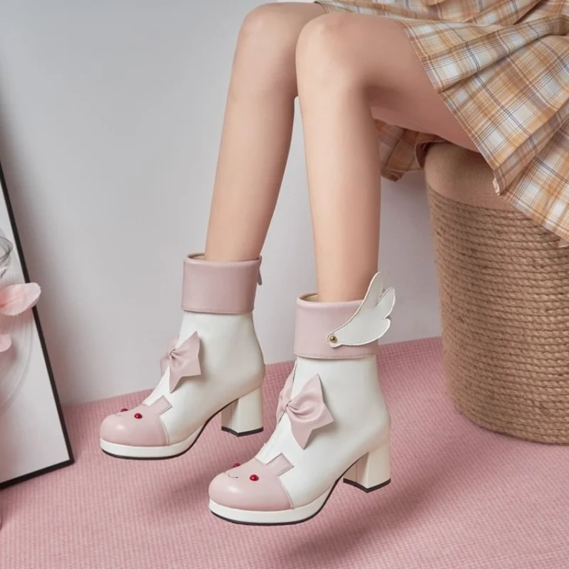

Vintage Mori Girls Lolita Boots Women Fashion Wings Bowtie Sweet Princess Ankle Boots Female Platform Chunky Heel Fashion Shoes