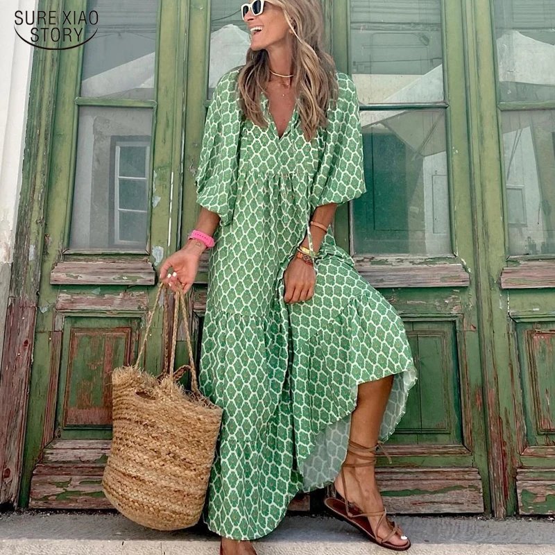 

New Fashion Puff Sleeve Long Dress Women Summer Geometric Print Half Sleeve Dress Holiday Oversized Loose Beach Dress Robe 20950