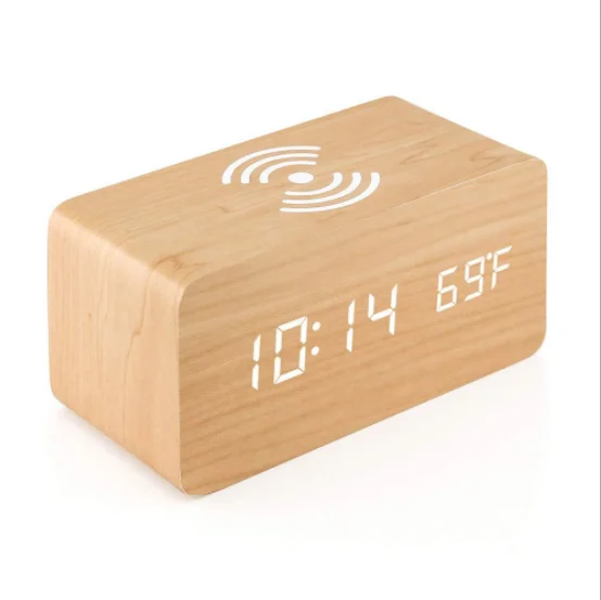 

smart colorful rechargeable kids wake up light digital sound control wooden alarm clock with wireless charger