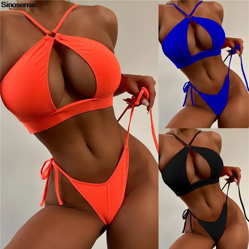 

Однотонные комплекты бикини Mirco, женские боковые стринги, купальник, сексуальный открытый бандажный купальный костюм, бразильский купальни...