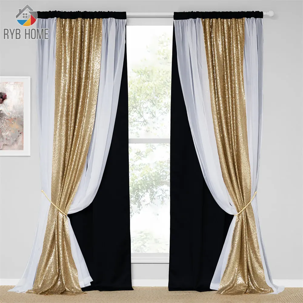 

RYB HOME Double-Layered Drapes Blackout Curtains Mix Match Modern Window Sheer for Living Room/Bedroom with Free Tie-backs