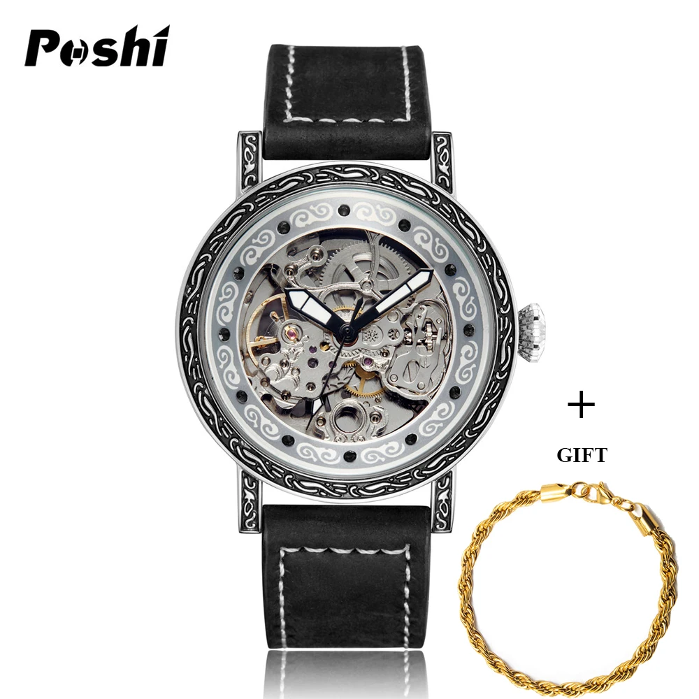 

POSHI Brand Mechanical Watch for Man Luxury Leather Strap Automatic Wristwatch Hollow Fashion Business Men's Watches