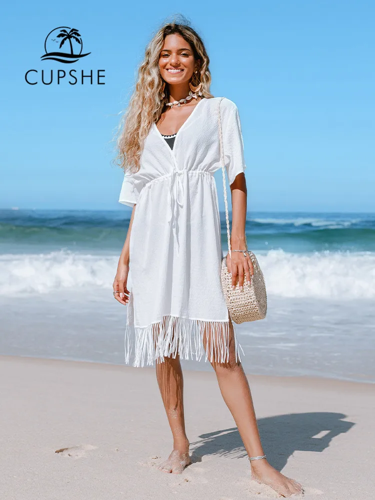 

CUPSHE Chiffon V-neck Tassel Cover Up For Woman Solid White Drawstring Waist Loose Beach Tunic 2022 Holiday Midi Dress Beachwear