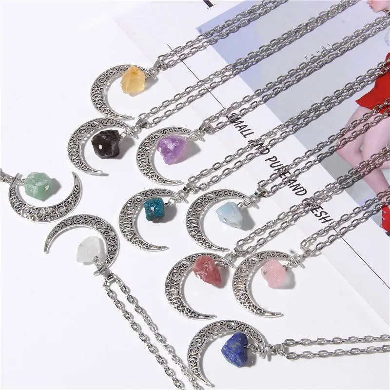 Silvery Color Crescent Moon Pendant Healing Crystals Stones Bead Raw Gemstone Charm Necklaces