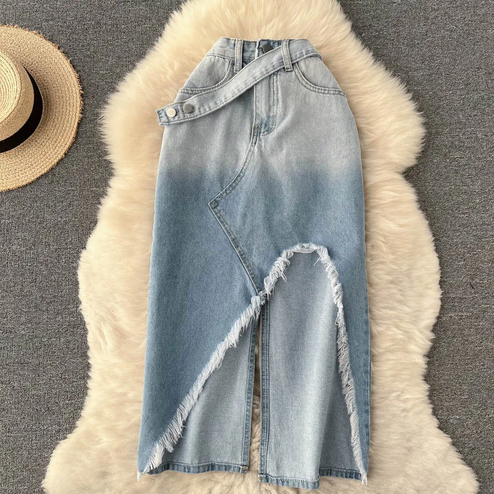 

Clothland Female Chic Denim Skirt Asymmetrical Design Back Split Zipper Stylish Summer Women Skirts Mujer BA145