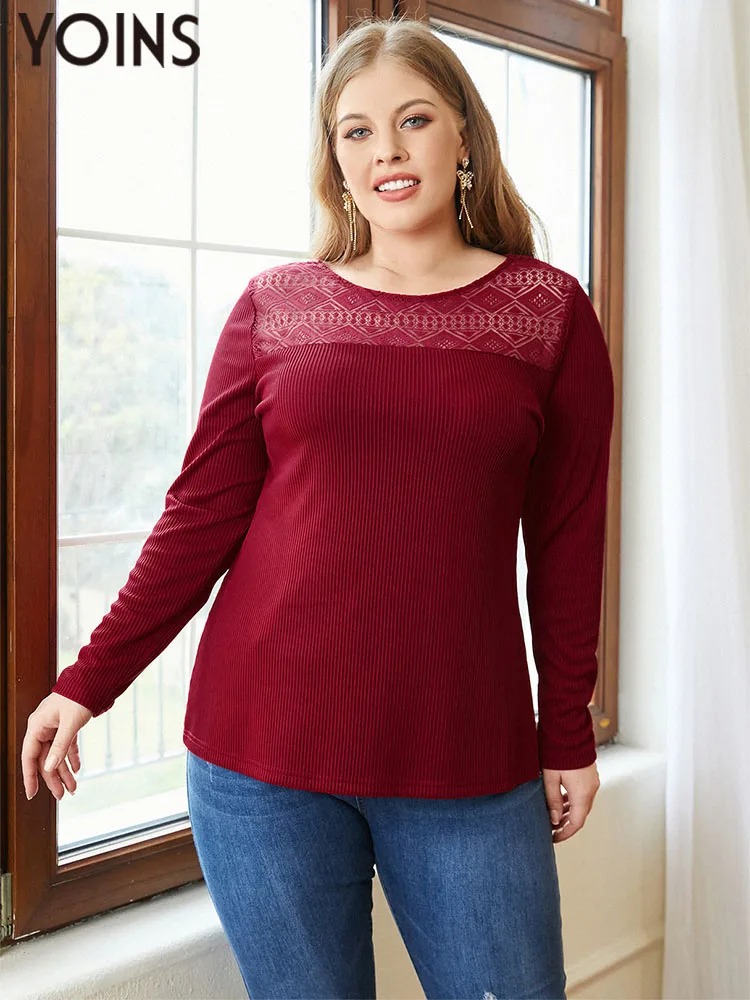 

YOINS Elegant Lace Blouses Women Autumn Long Sleeve Knitted Shirts 2022 Fashion Plus Size Casual Slim Solid Party Blusas Femme