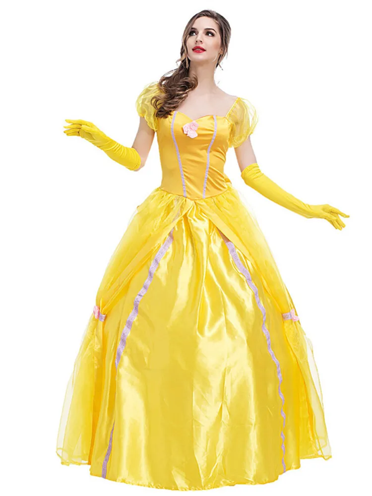 Adult Yellow Princess Long Dress Costume for Beauty and The Beast Belle Cosplay Halloween Party Masquerade Gown