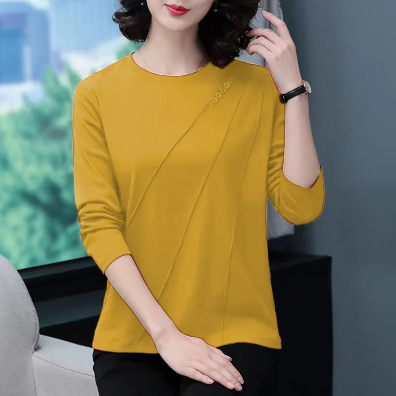 

Spring and Autumn Women's Long Sleeve Pullover Solid Loose Casual Button Fold Fashion Elegant Commuter Round Neck T-shirts Tops