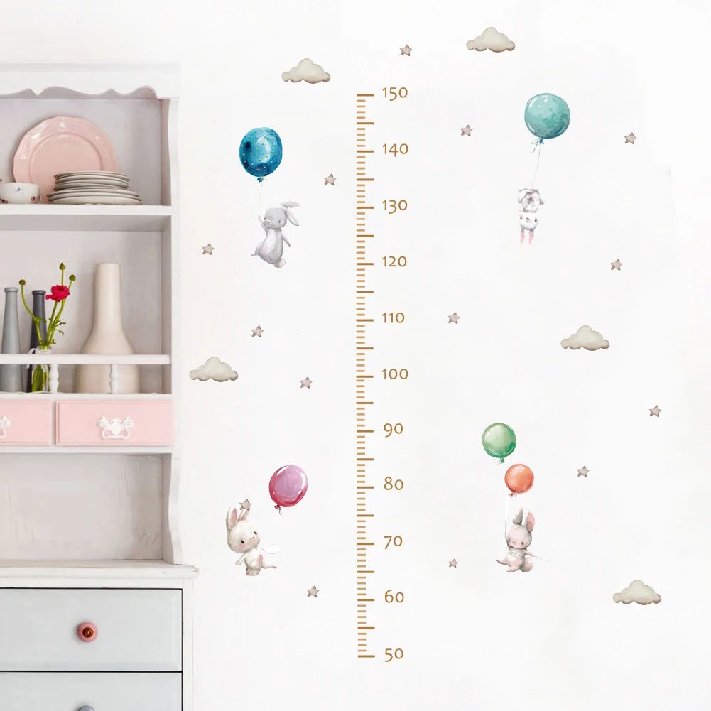 

Милый кролик, воздушный шар, облако, схема роста, настенные наклейки для детской комнаты, для девочек, украшение для детской комнаты, спальни...