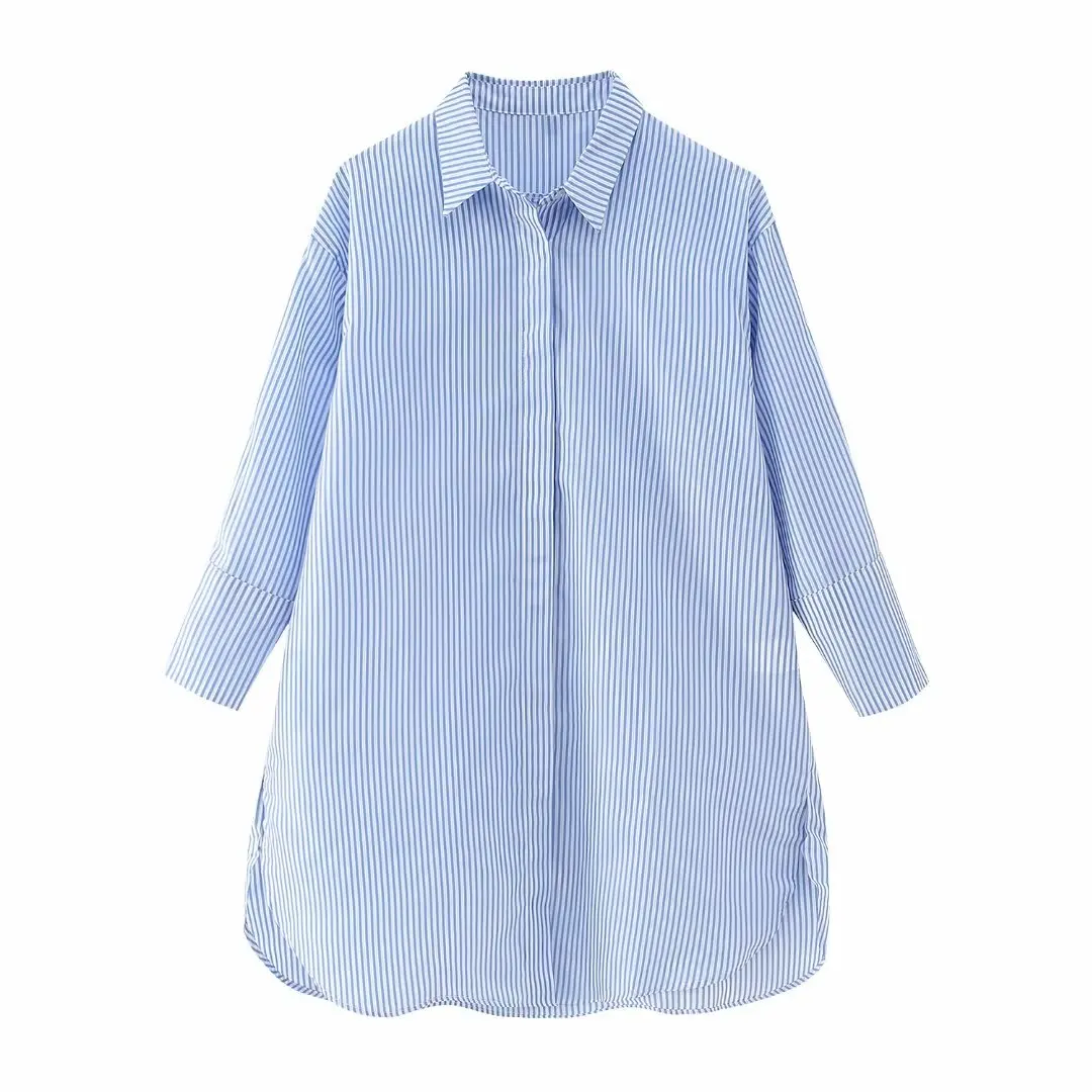 

Women 2023 spring New Fashion stripe Blouses Vintage half-sleeve Button-up Female Shirts Chic Tops