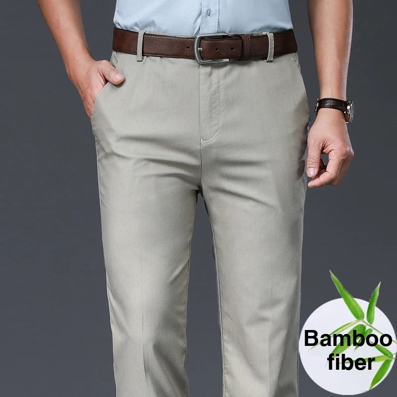 Classic Style Bamboo Fiber Cotton Men's Thin Casual Pants Business Fashion Straight Stretch Brand Grey Trousers