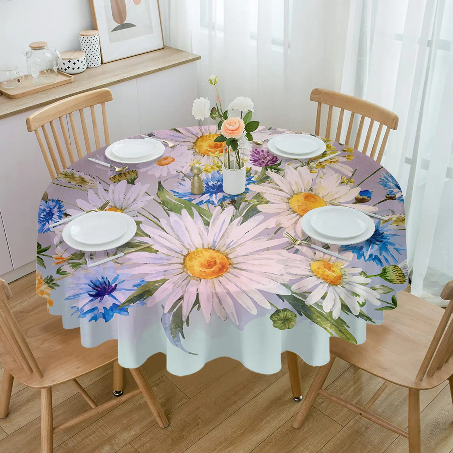 

Flowers Daisies Minimalist Round Tablecloth Party Kitchen Dinner Table Cover Holiday Decor Waterproof Tablecloths